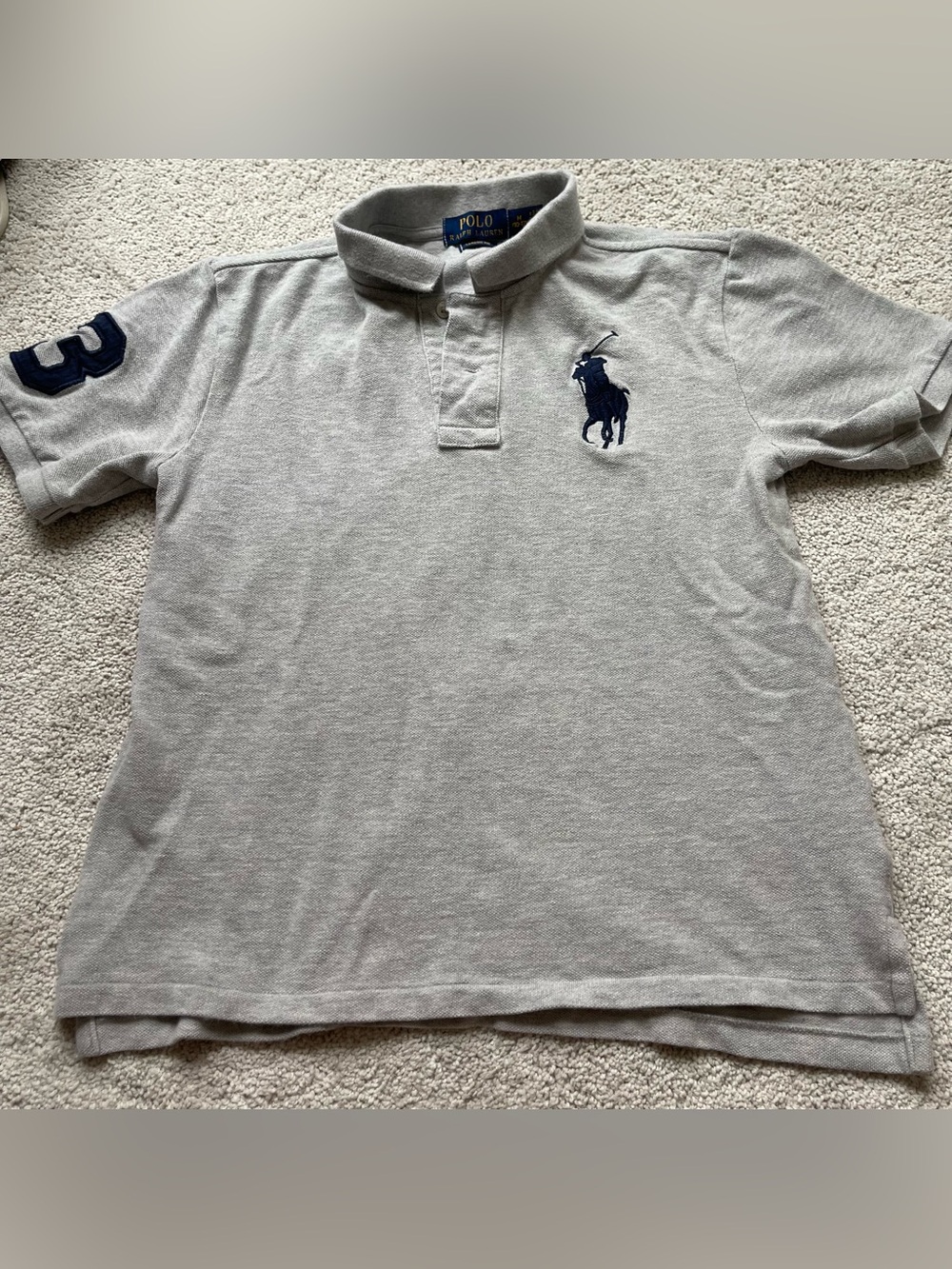 Polo Ralph Lauren Boys Big Pony Polo Shirt Gray Navy Classic Fit Size M 10-12